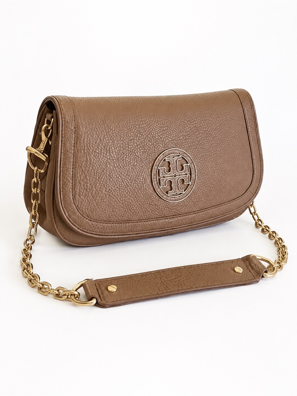 Tory Burch Amanda Taupe Pebbled Leather Chain Shoulder Crossbody Bag